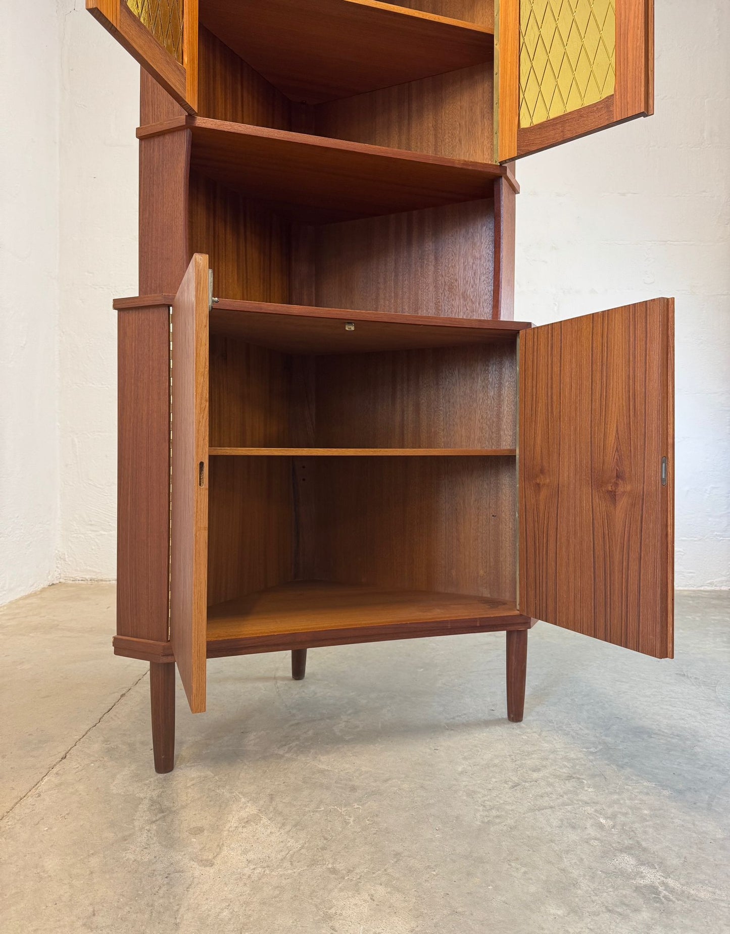 Danish Teak Corner Cabinet with Stained Glass Doors - #A1769
