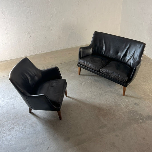 Ivan Schlechter Leather Model AV 53 Loveseat & Chair Designed by Arne Vodder - #A2138