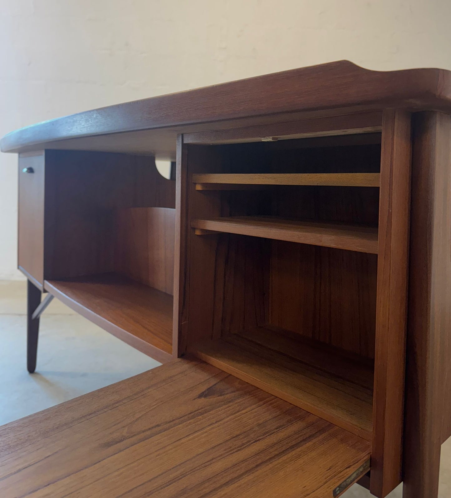 Danish Curved Teak Desk Attributed to Svend Aage Madsen w/ Rear Bar & Storage - #A2148