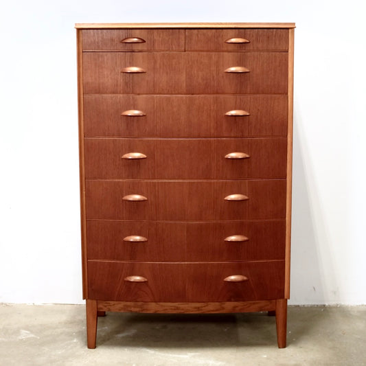 Danish Teak 8 Drawer Tall Dresser w/ Curved Front - #A1933