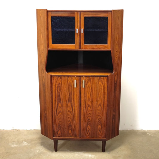 Danish Rosewood Corner Cabinet w/ Indigo Stained Glass Doors - #A1874