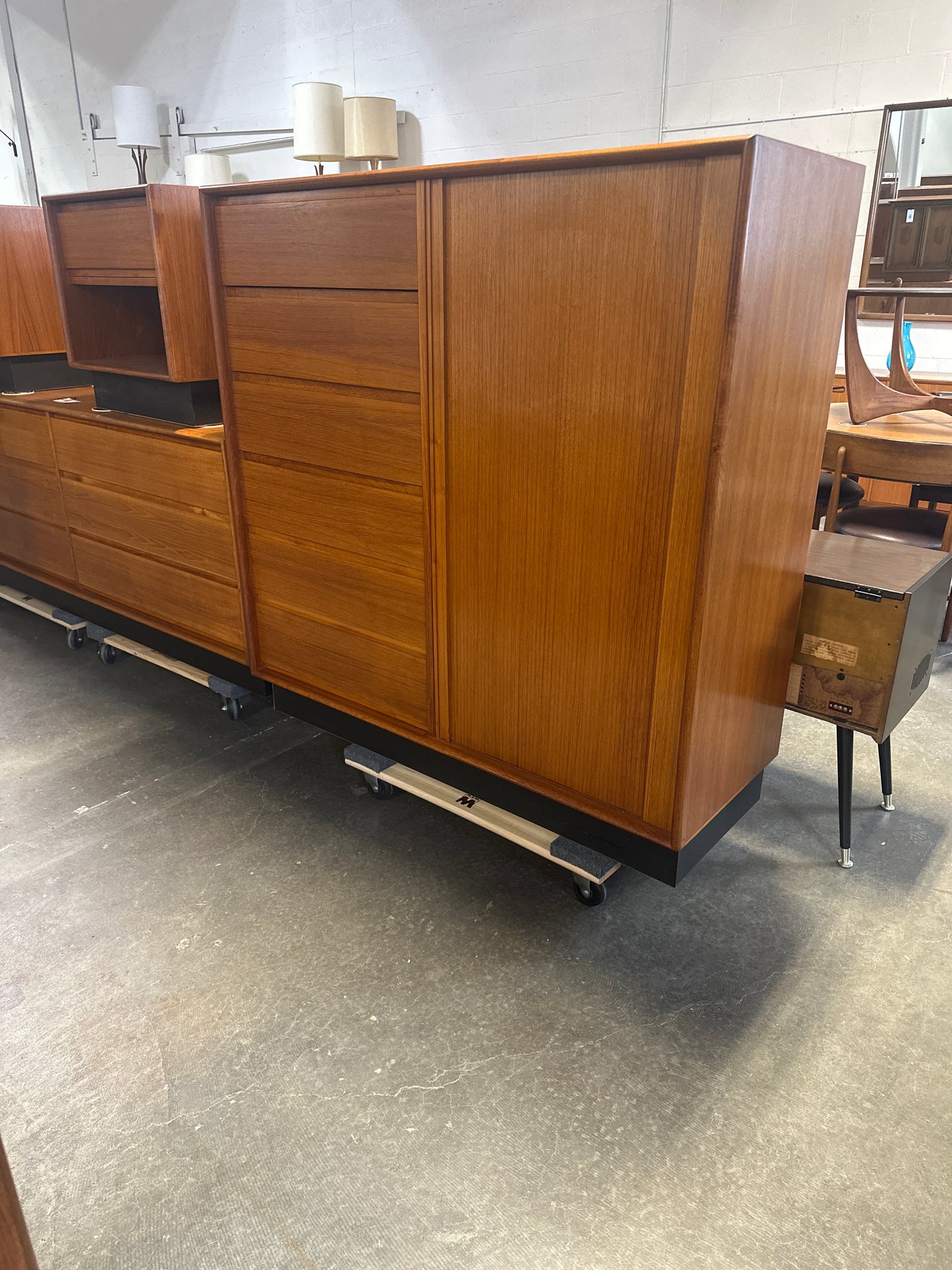 Danish Teak Tall Dresser / Highboy with Tambour Sliding Door on Black Plinth Base - #A1570