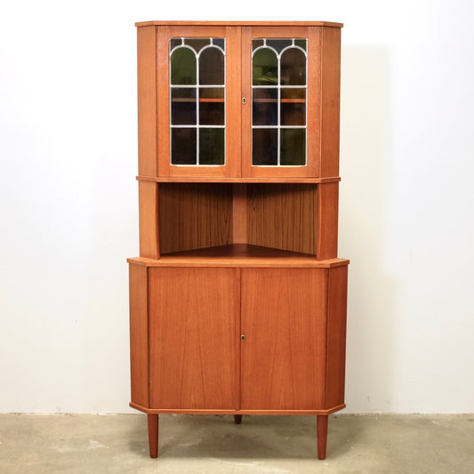 Danish Teak Corner Cabinet w/ Multicolored Stained Glass Doors - #A1875