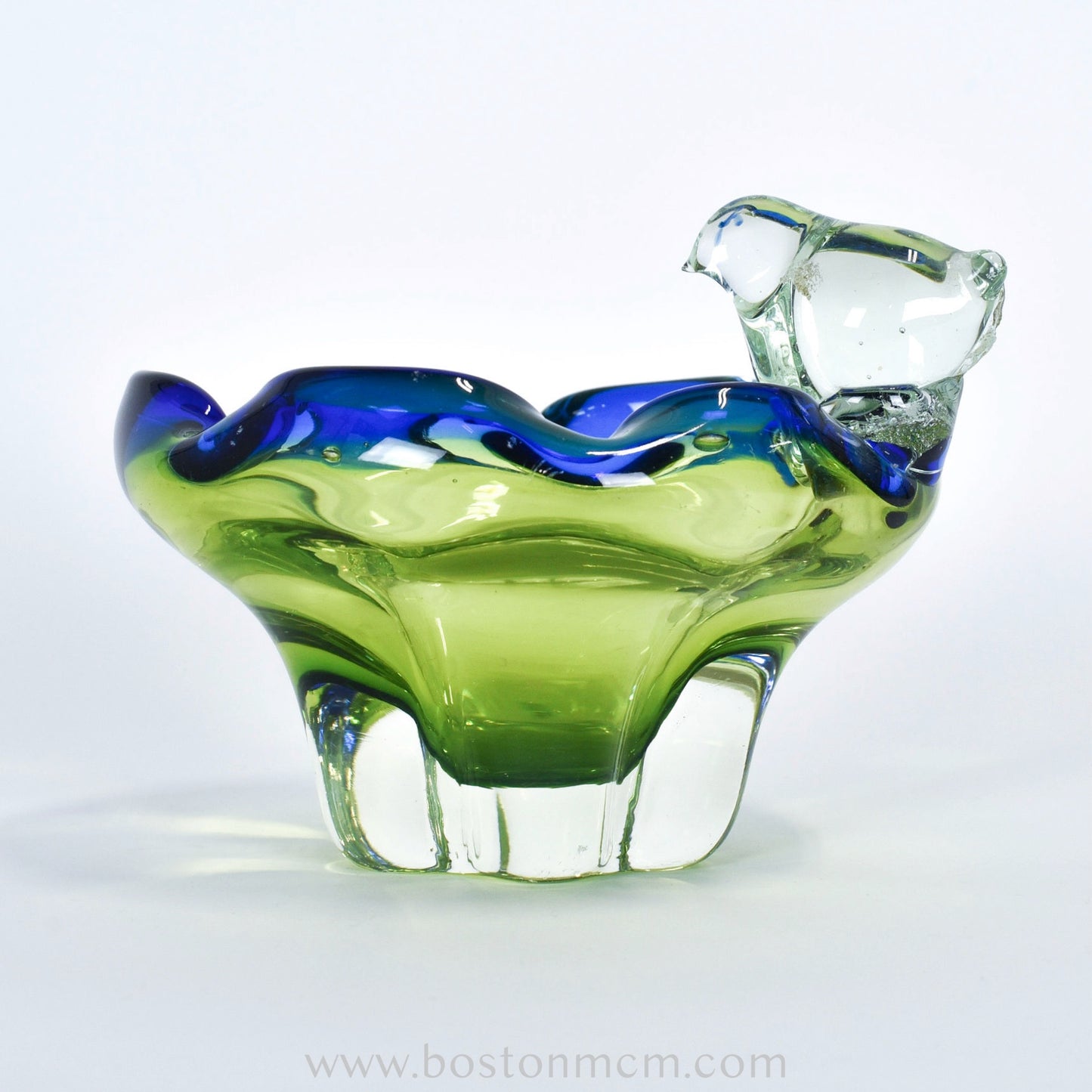 European Art Glass Green-Blue Bowl with Ornamental Glass Bird