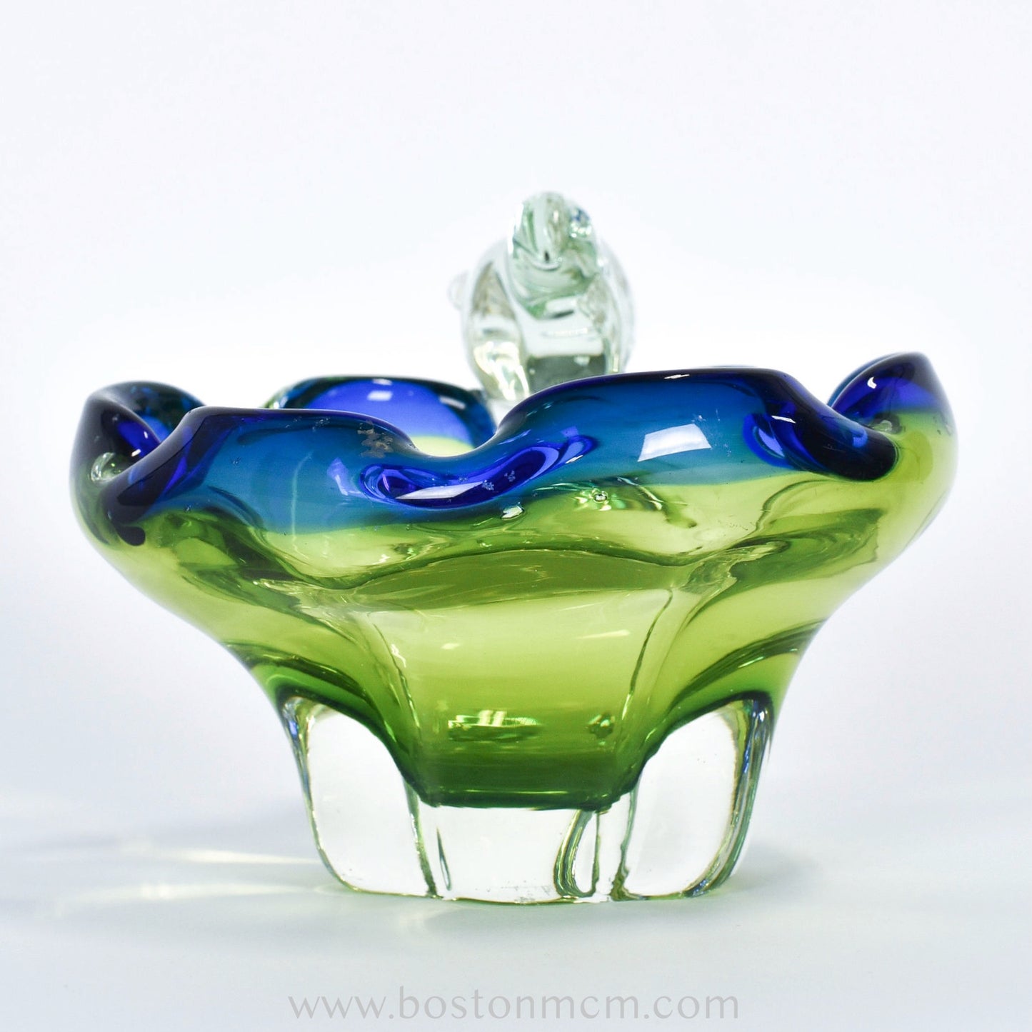 European Art Glass Green-Blue Bowl with Ornamental Glass Bird