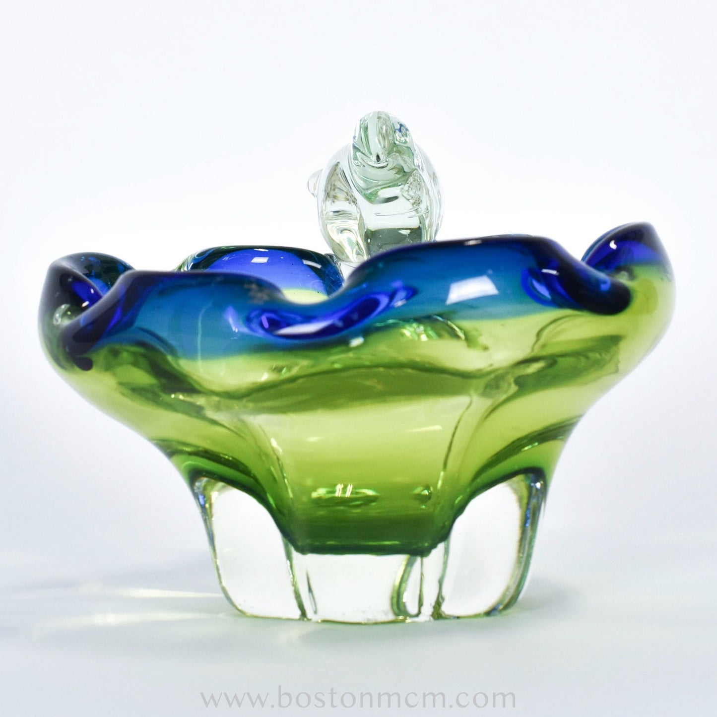 European Art Glass Green-Blue Bowl with Ornamental Glass Bird