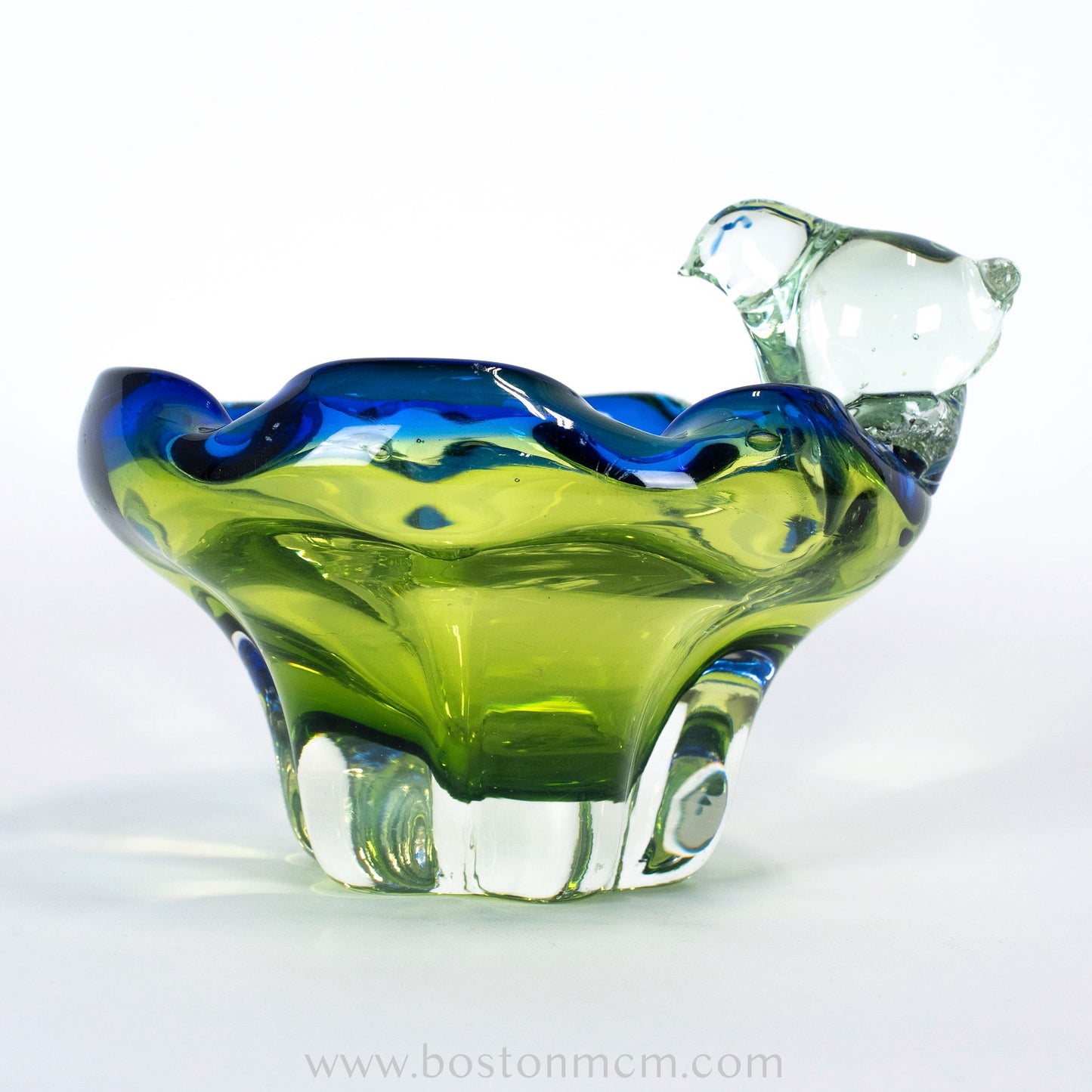 European Art Glass Green-Blue Bowl with Ornamental Glass Bird