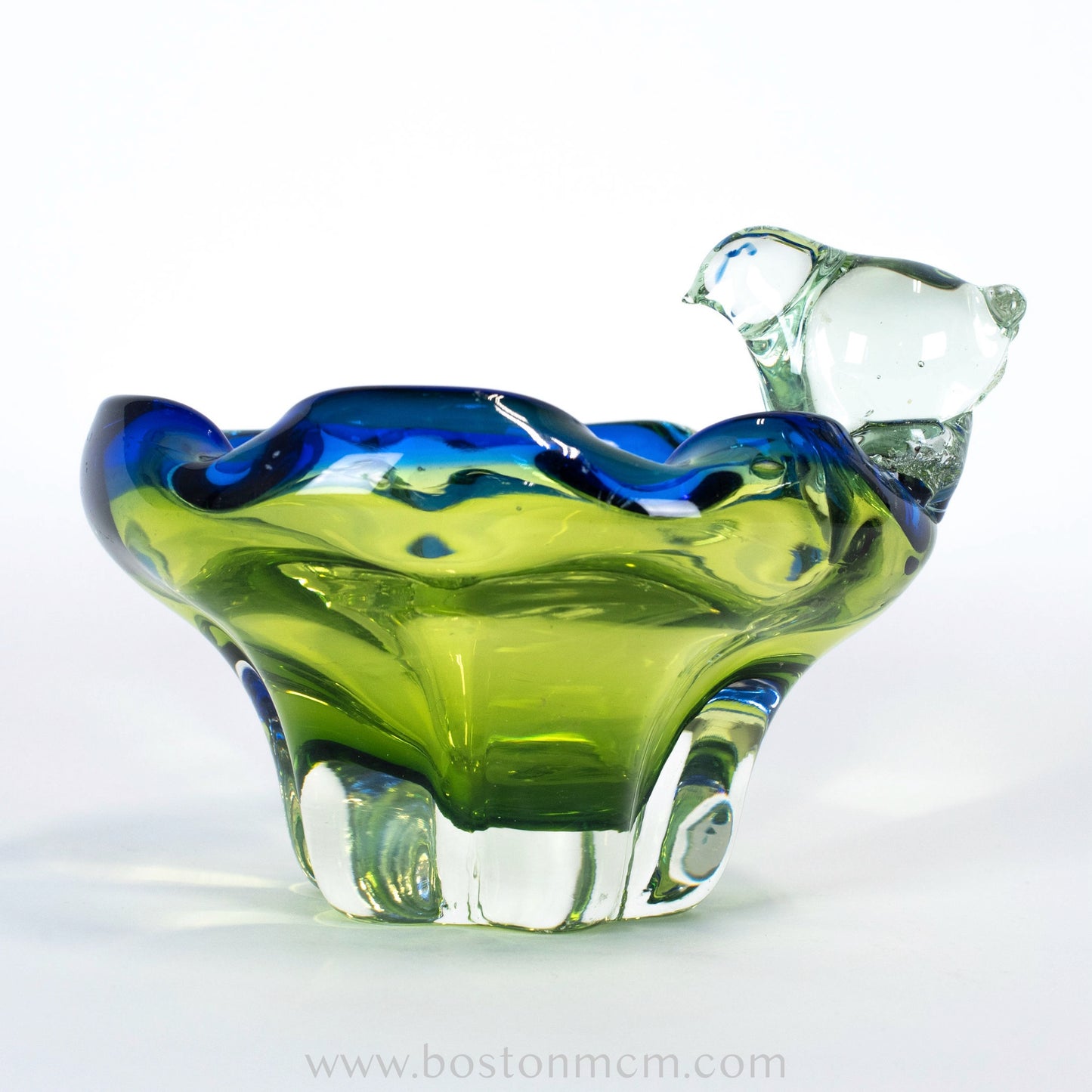 European Art Glass Green-Blue Bowl with Ornamental Glass Bird