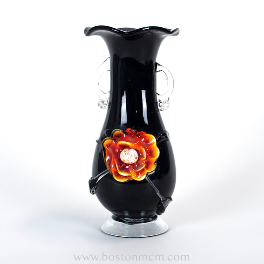 Murano Art Glass Black Vase with Flower