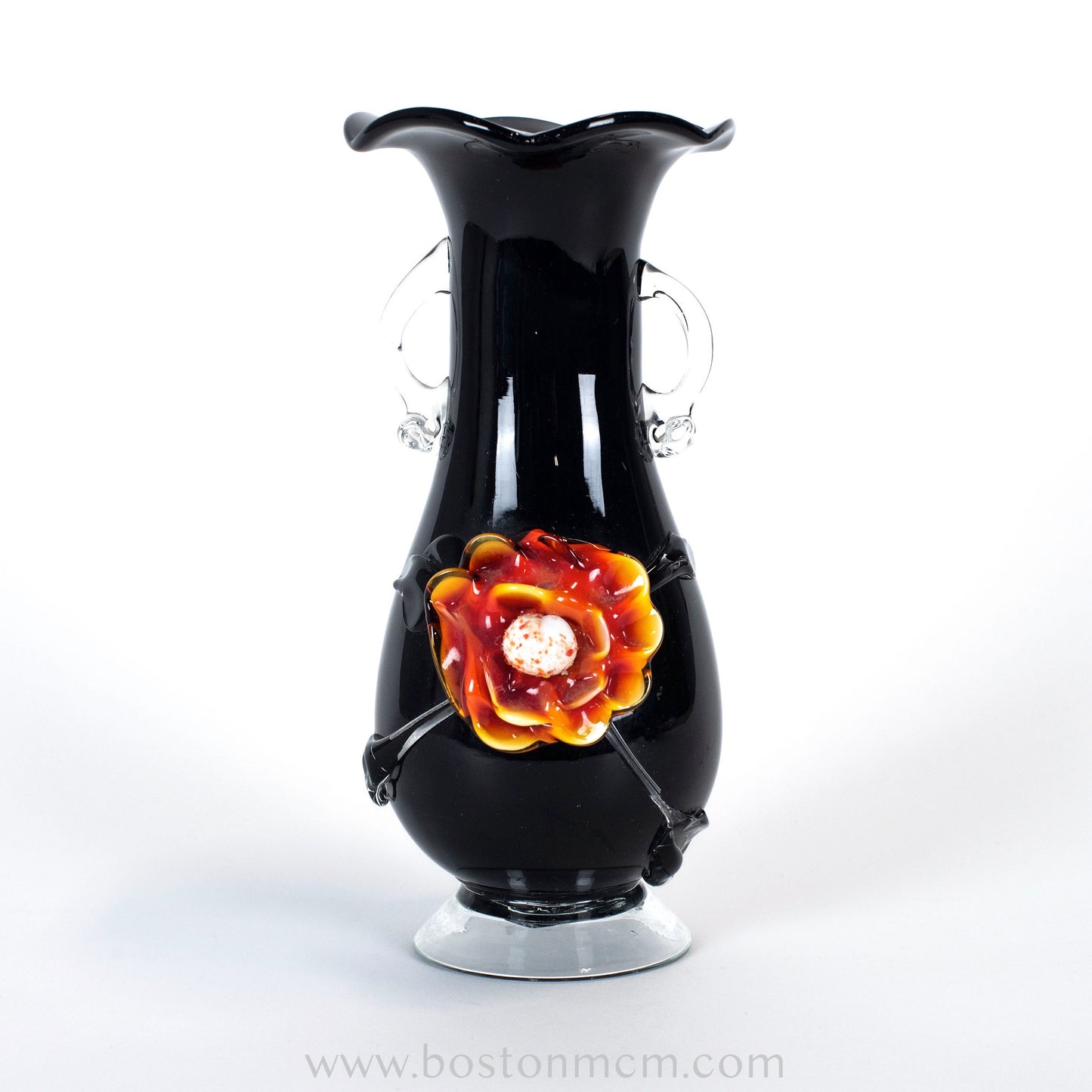 Murano Art Glass Black Vase with Flower