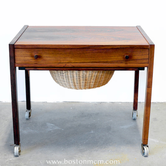 Danish Rosewood Sewing Table with Cane Basket & Wheels - #A1794