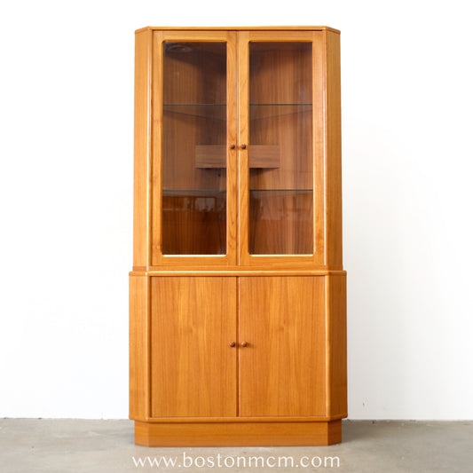 Danish Teak Corner Cabinet with Interior Lighting & Glass Shelving - #A1568