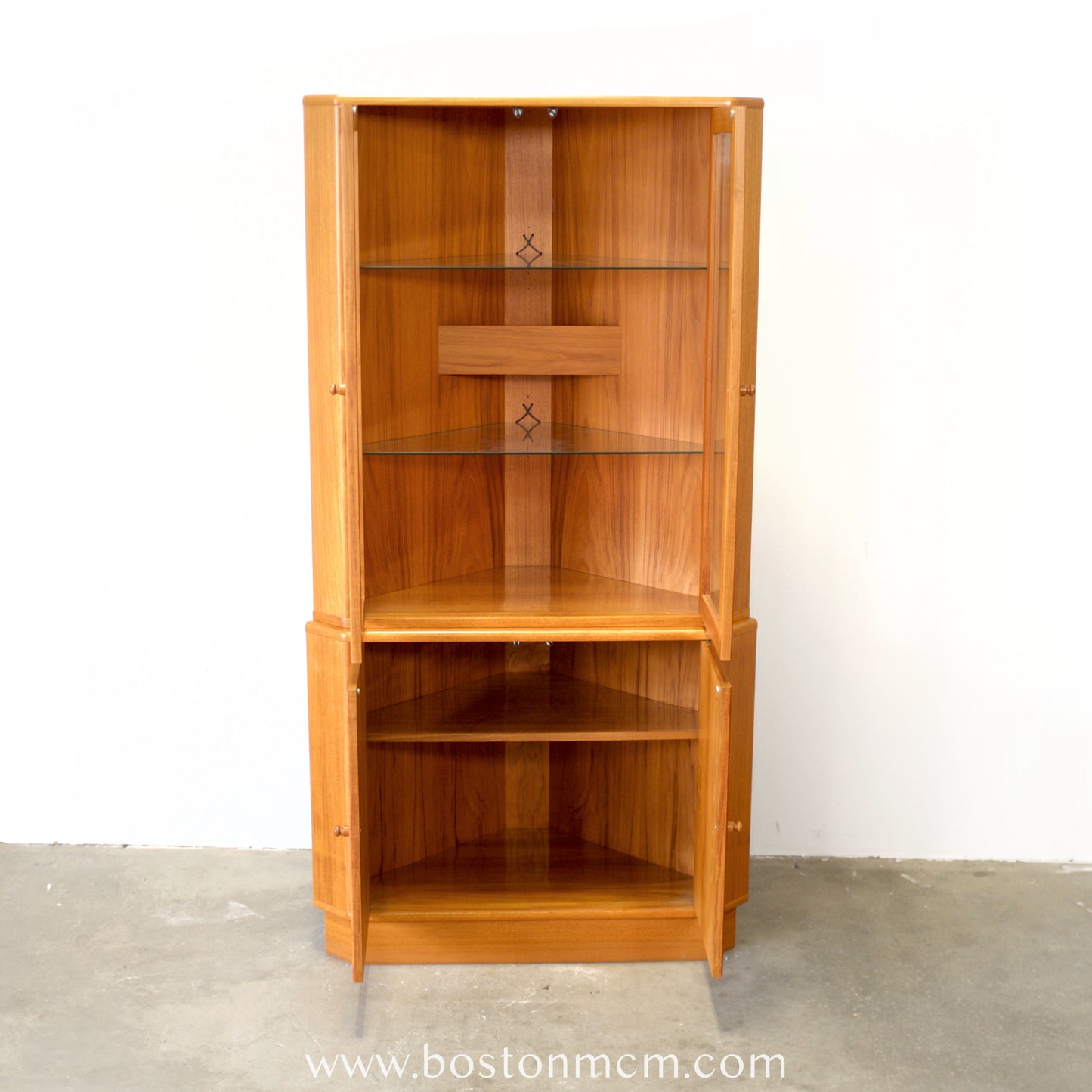 Danish Teak Corner Cabinet with Interior Lighting & Glass Shelving - #A1568