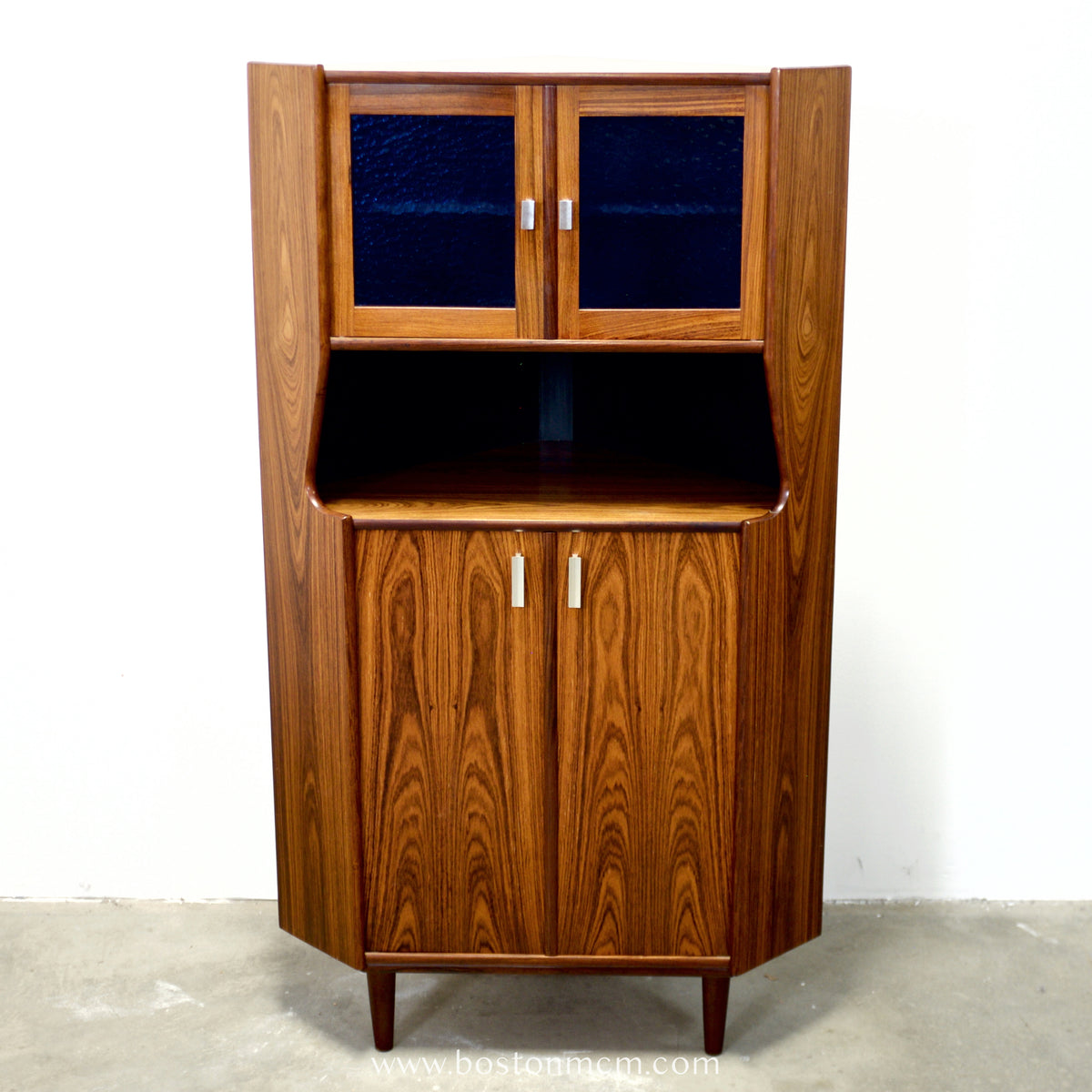 Danish Rosewood Corner Cabinet w/ Indigo Stained Glass Doors - #A1874