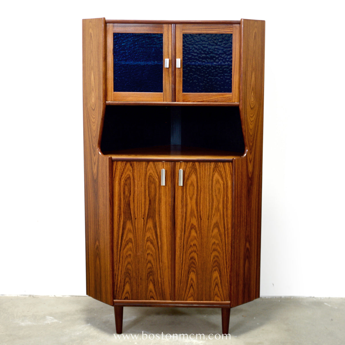 Danish Rosewood Corner Cabinet w/ Indigo Stained Glass Doors - #A1874