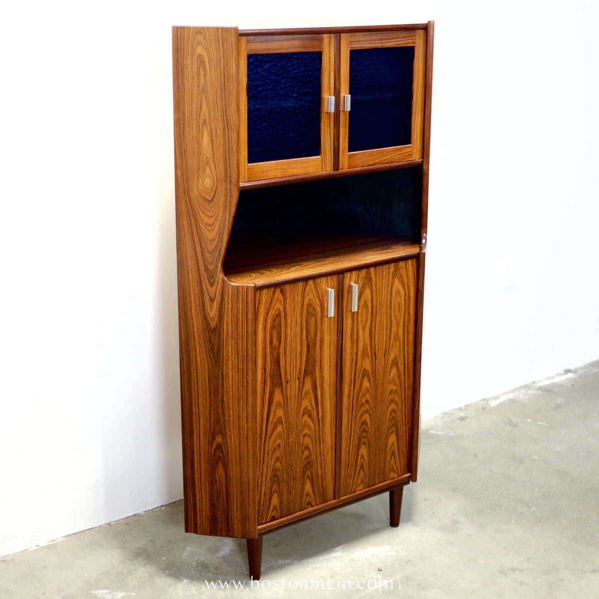 Danish Rosewood Corner Cabinet w/ Indigo Stained Glass Doors - #A1874