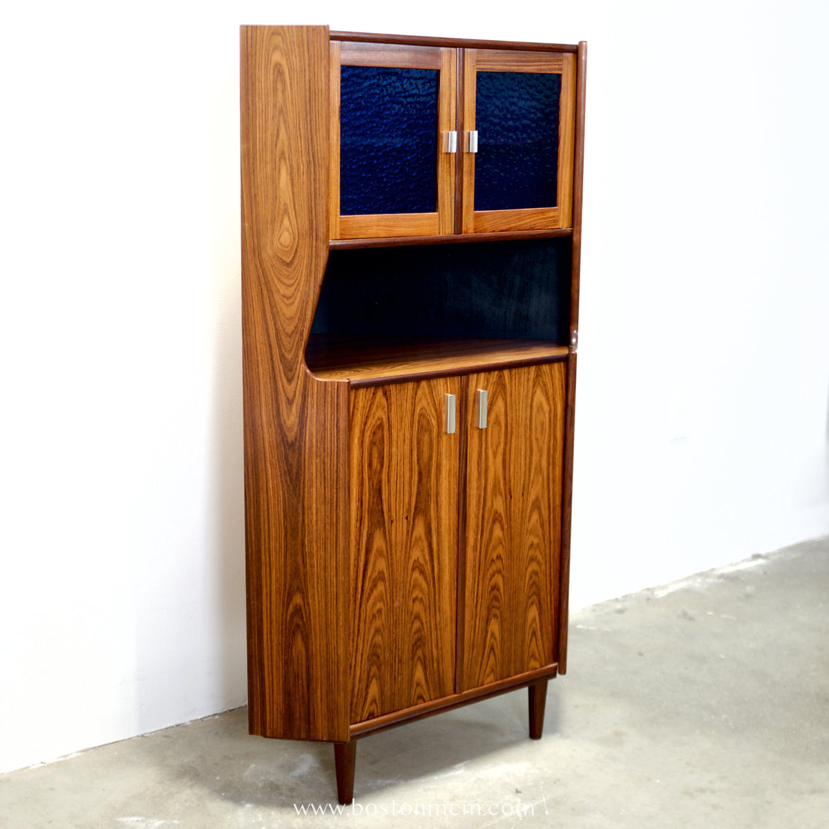 Danish Rosewood Corner Cabinet w/ Indigo Stained Glass Doors - #A1874