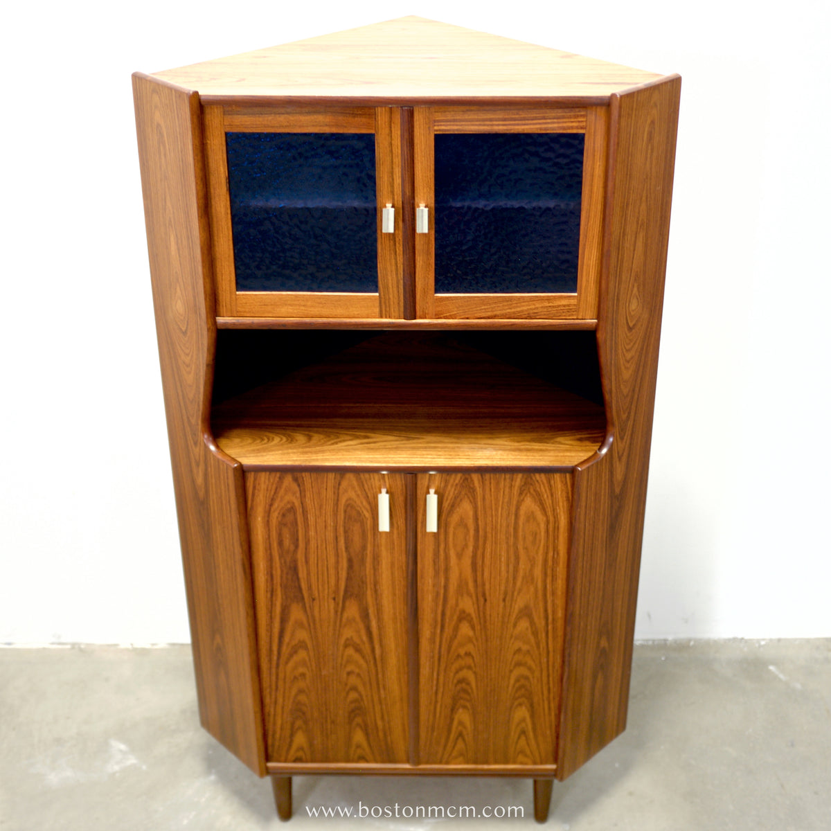 Danish Rosewood Corner Cabinet w/ Indigo Stained Glass Doors - #A1874