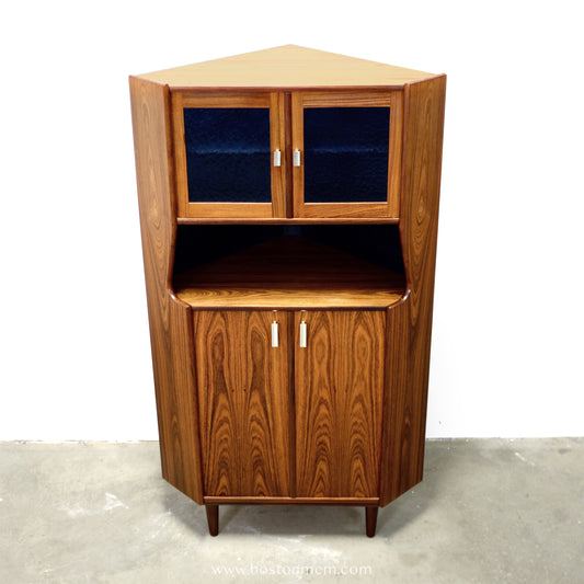Danish Rosewood Corner Cabinet w/ Indigo Stained Glass Doors - #A1874