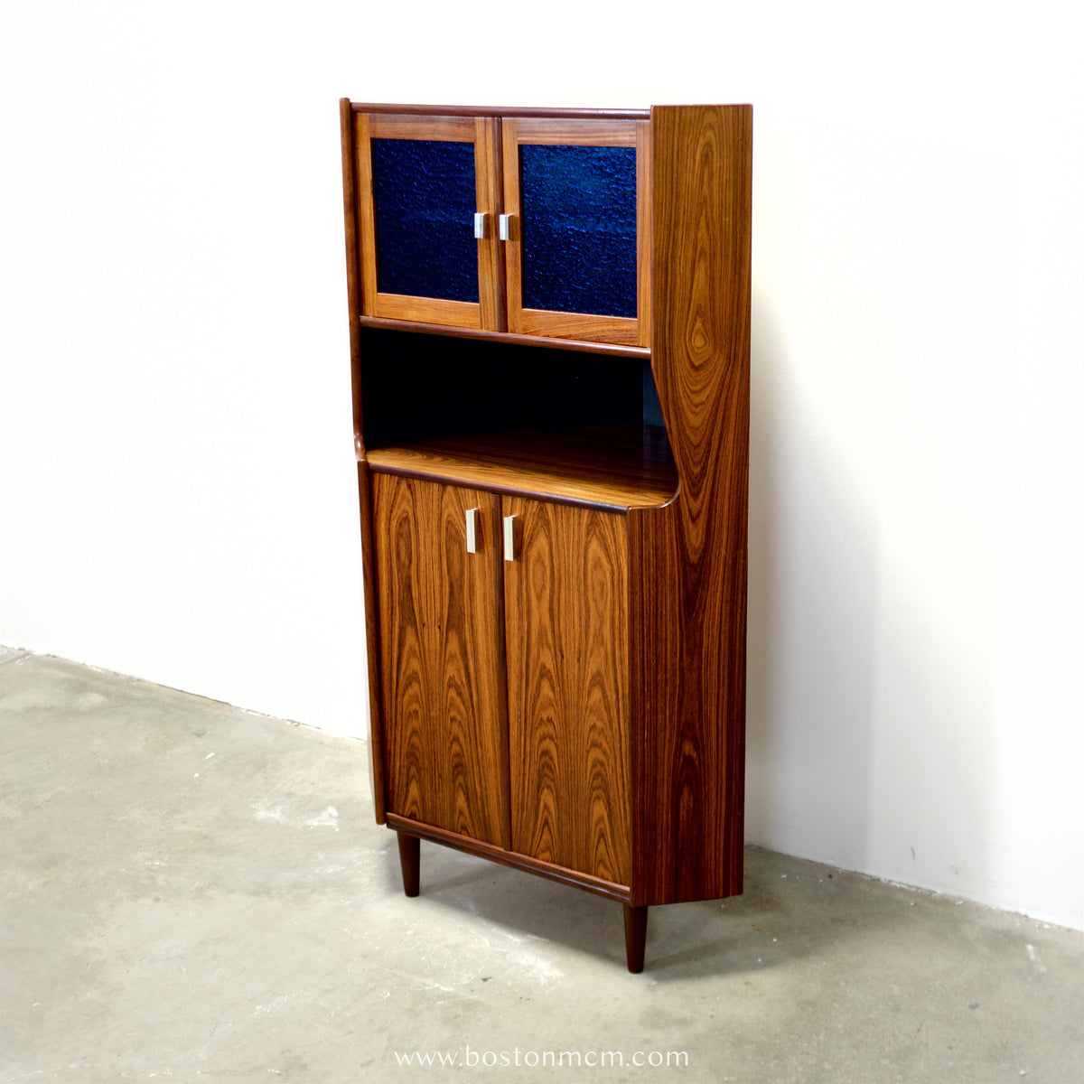 Danish Rosewood Corner Cabinet w/ Indigo Stained Glass Doors - #A1874