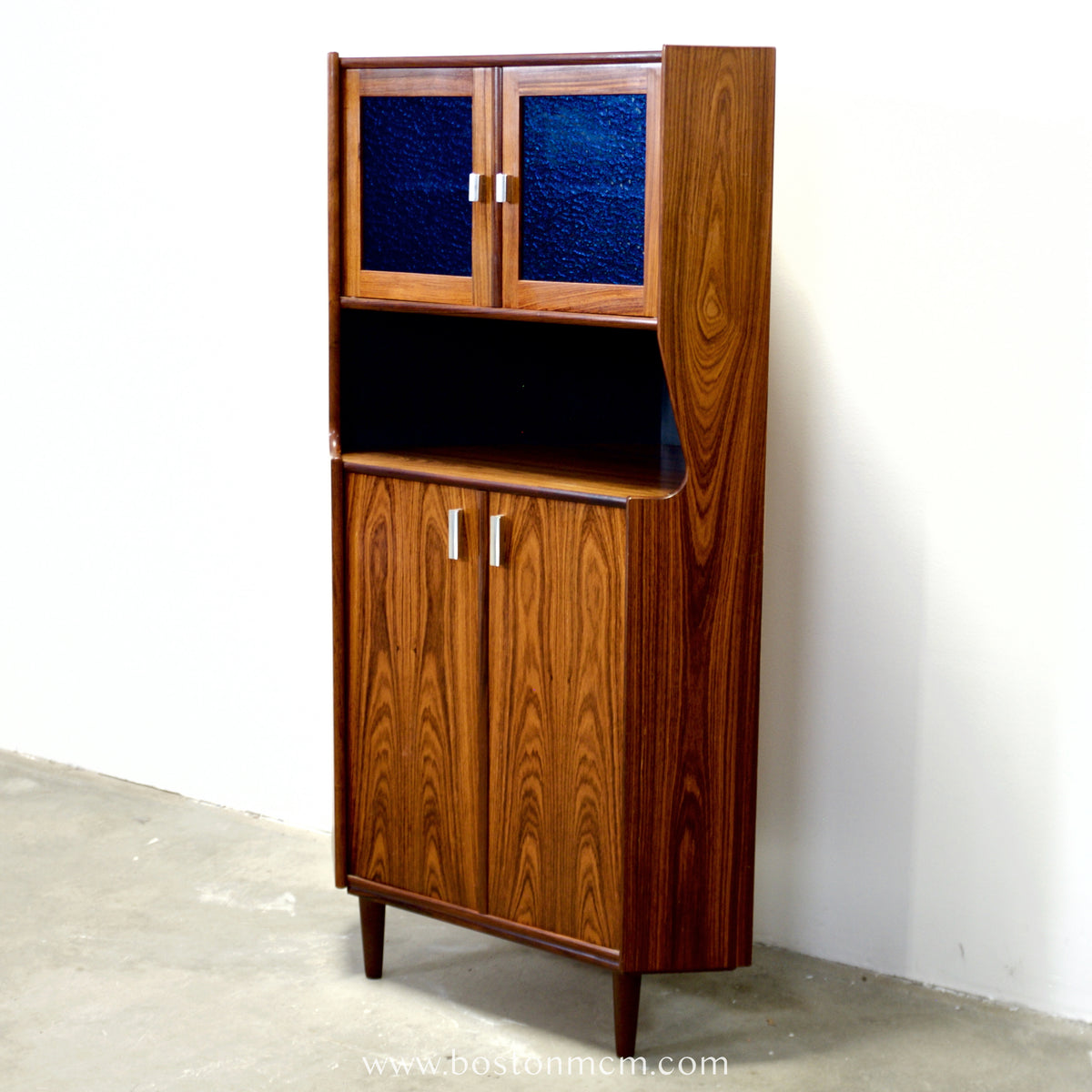 Danish Rosewood Corner Cabinet w/ Indigo Stained Glass Doors - #A1874