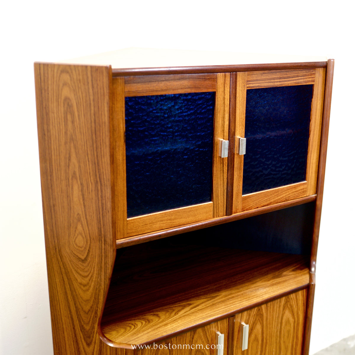 Danish Rosewood Corner Cabinet w/ Indigo Stained Glass Doors - #A1874