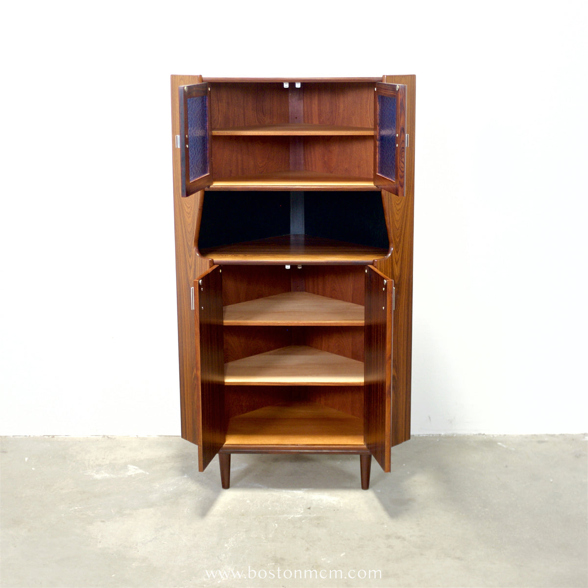 Danish Rosewood Corner Cabinet w/ Indigo Stained Glass Doors - #A1874