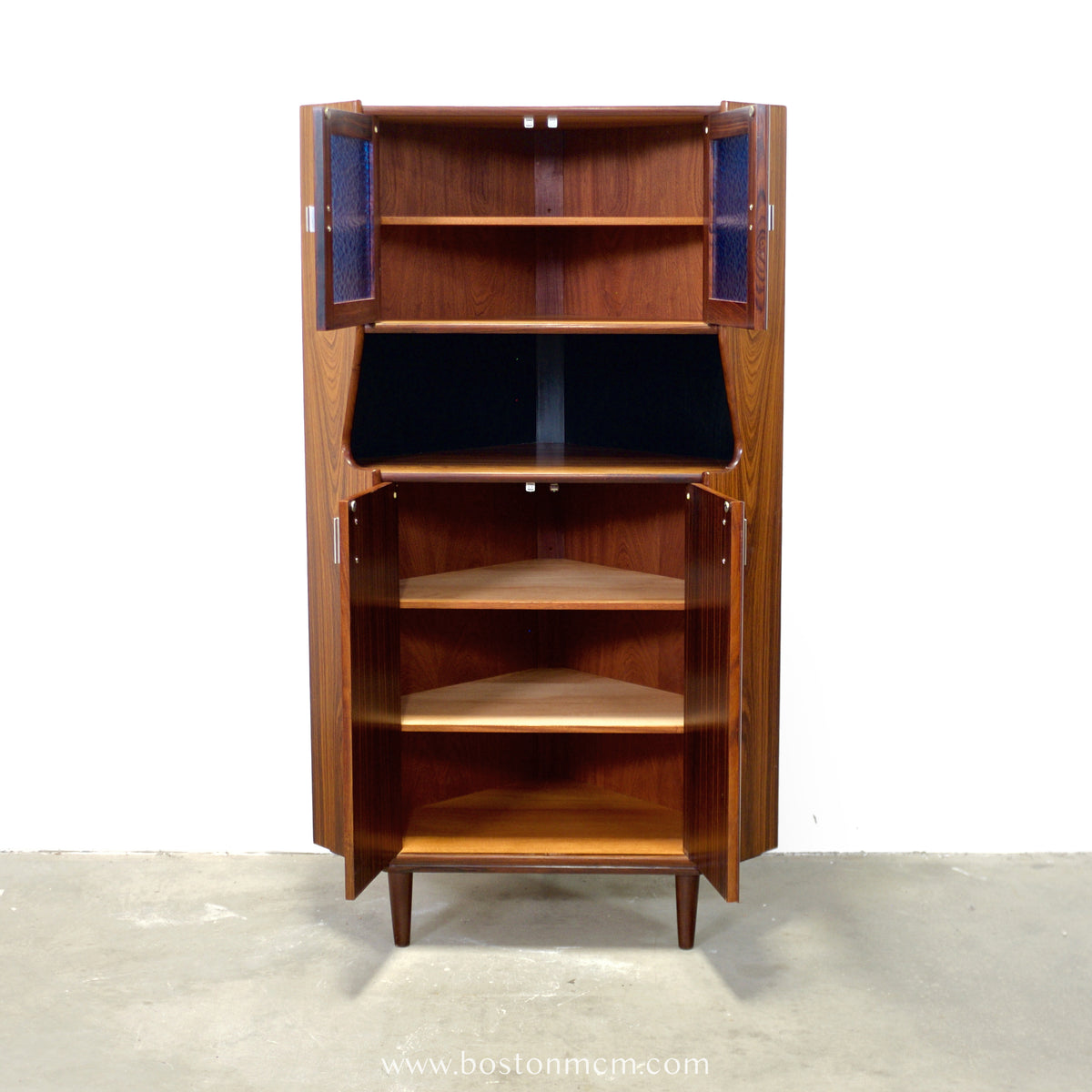 Danish Rosewood Corner Cabinet w/ Indigo Stained Glass Doors - #A1874
