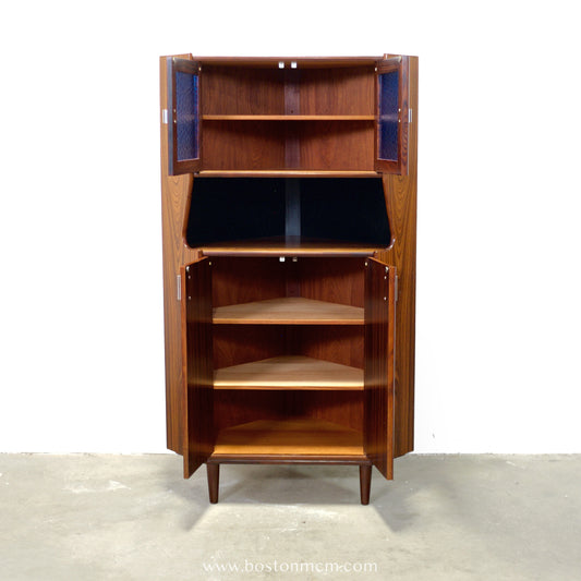 Danish Rosewood Corner Cabinet w/ Indigo Stained Glass Doors - #A1874