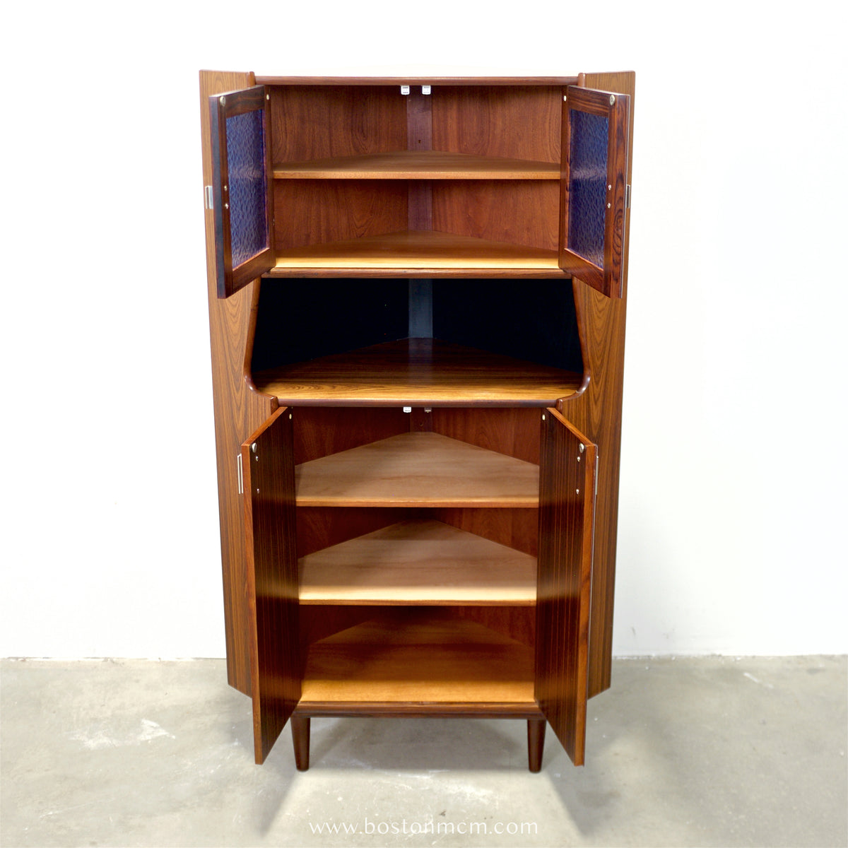 Danish Rosewood Corner Cabinet w/ Indigo Stained Glass Doors - #A1874