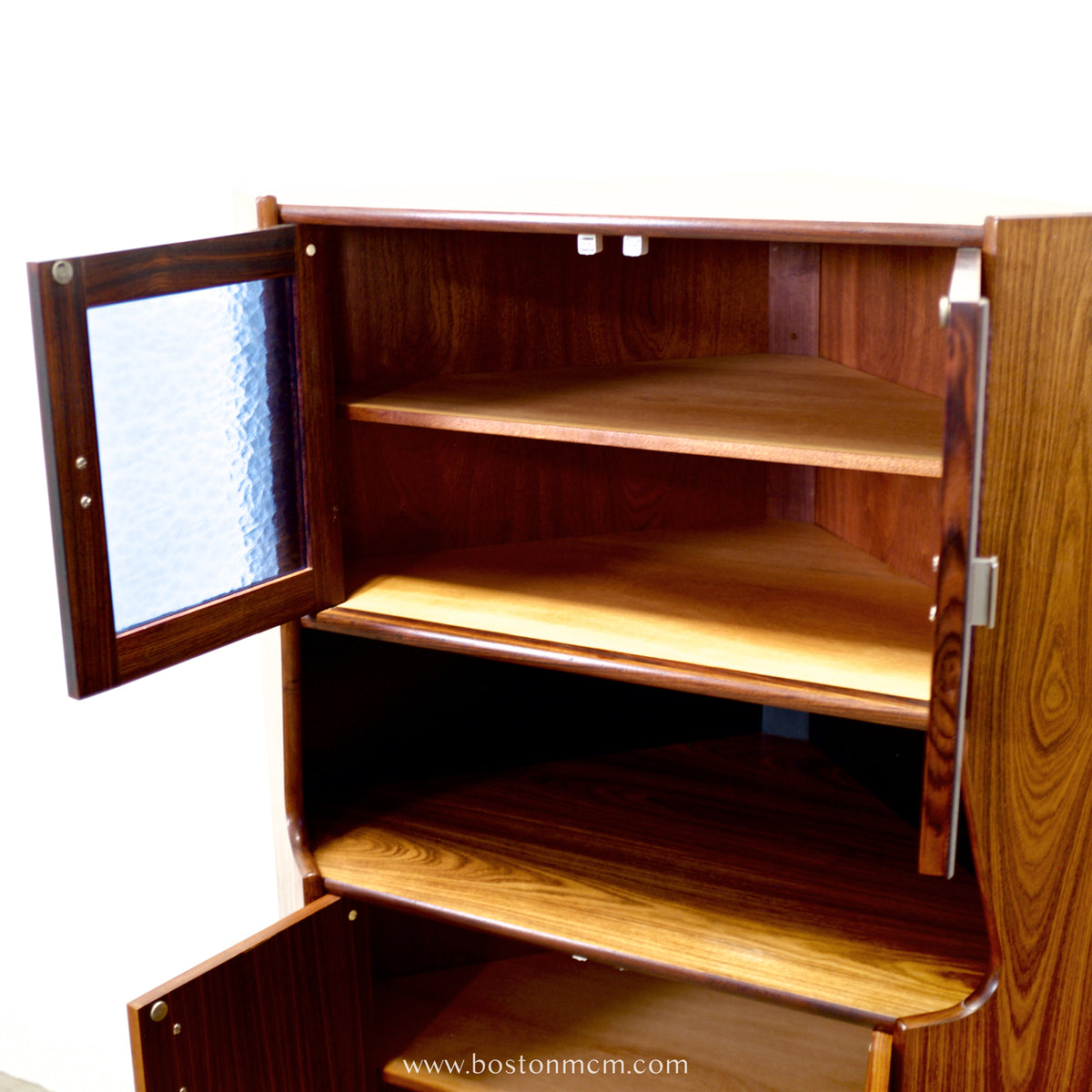 Danish Rosewood Corner Cabinet w/ Indigo Stained Glass Doors - #A1874