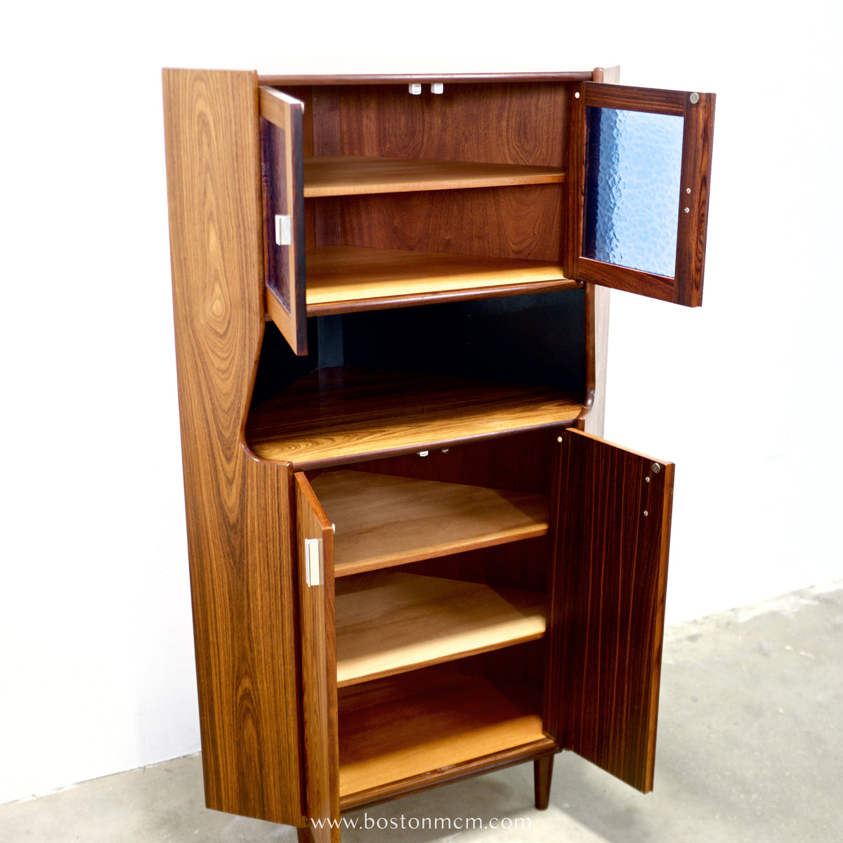 Danish Rosewood Corner Cabinet w/ Indigo Stained Glass Doors - #A1874