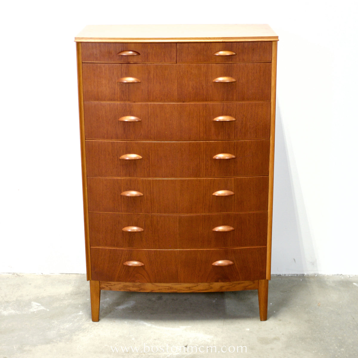 Danish Teak 8 Drawer Tall Dresser w/ Curved Front - #A1933
