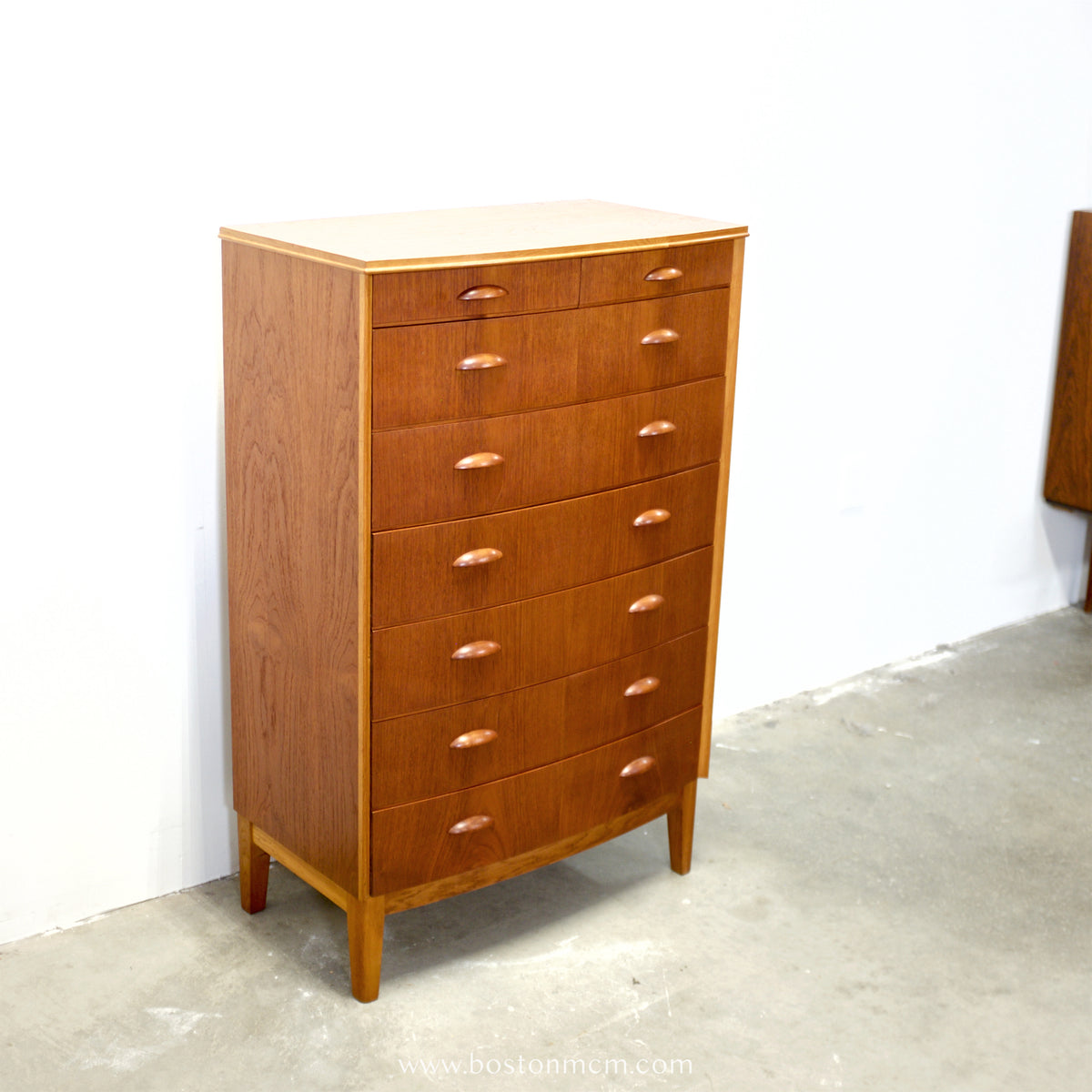 Danish Teak 8 Drawer Tall Dresser w/ Curved Front - #A1933