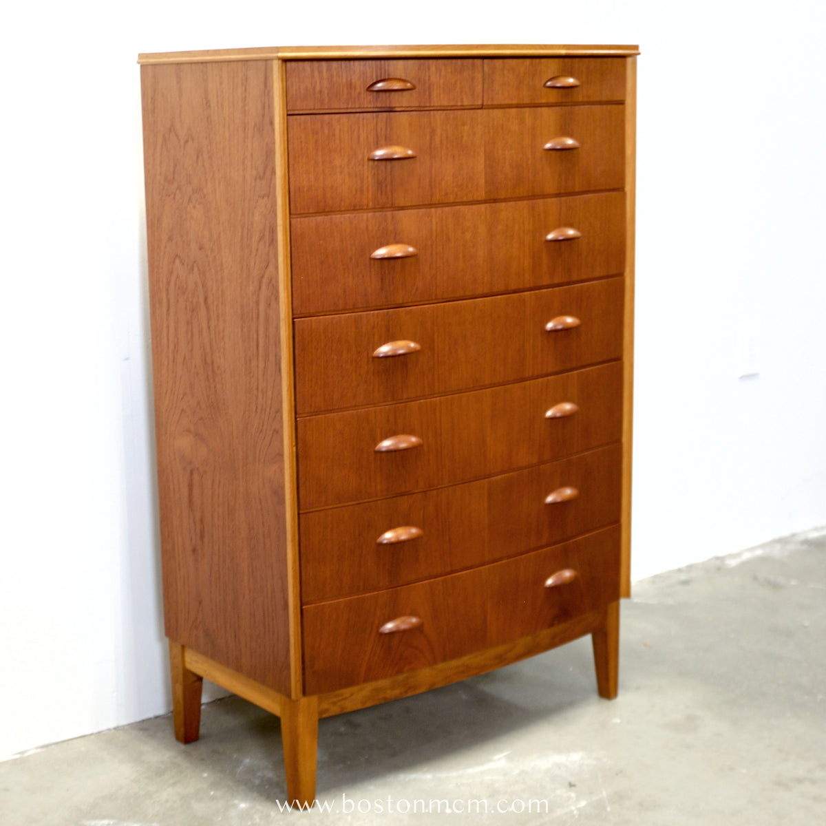 Danish Teak 8 Drawer Tall Dresser w/ Curved Front - #A1933