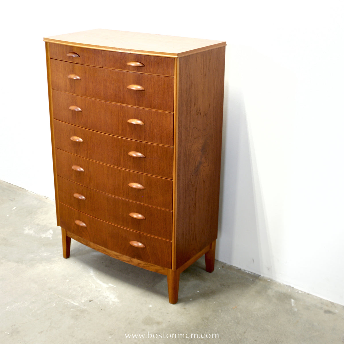 Danish Teak 8 Drawer Tall Dresser w/ Curved Front - #A1933