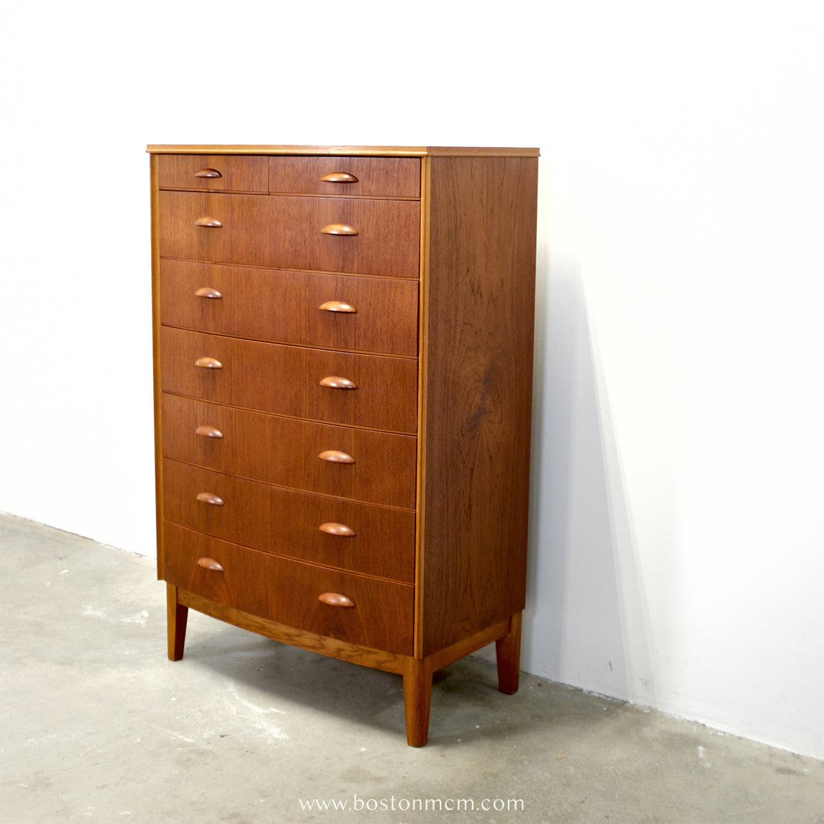 Danish Teak 8 Drawer Tall Dresser w/ Curved Front - #A1933