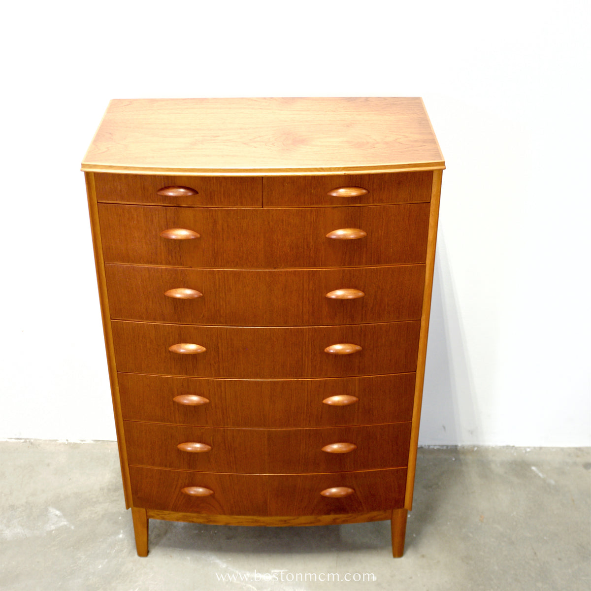Danish Teak 8 Drawer Tall Dresser w/ Curved Front - #A1933