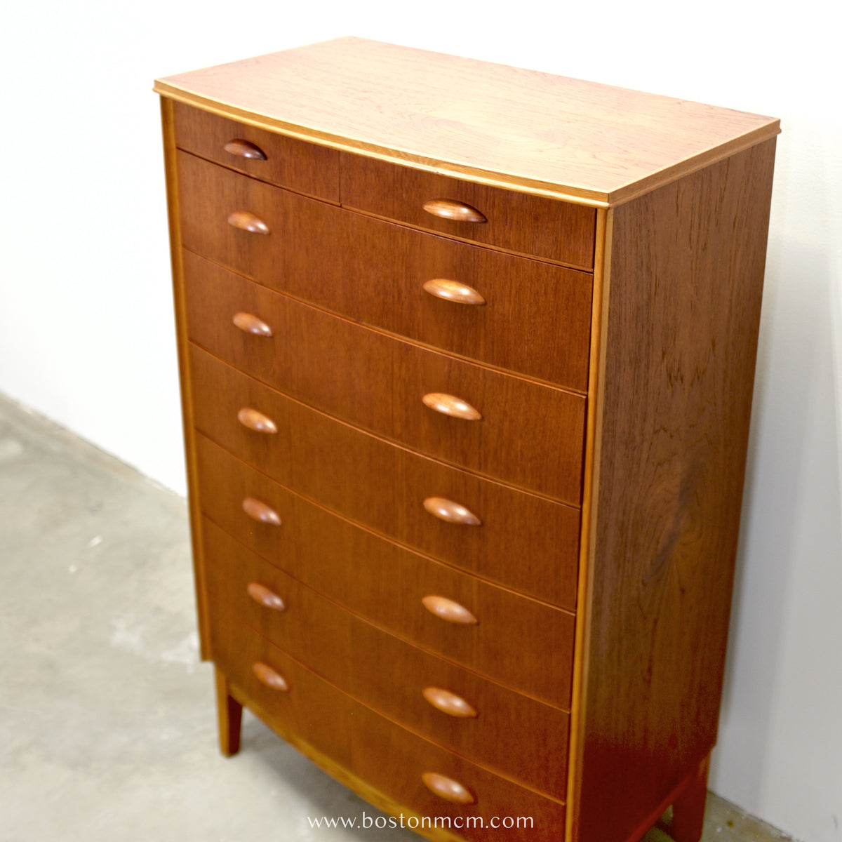Danish Teak 8 Drawer Tall Dresser w/ Curved Front - #A1933