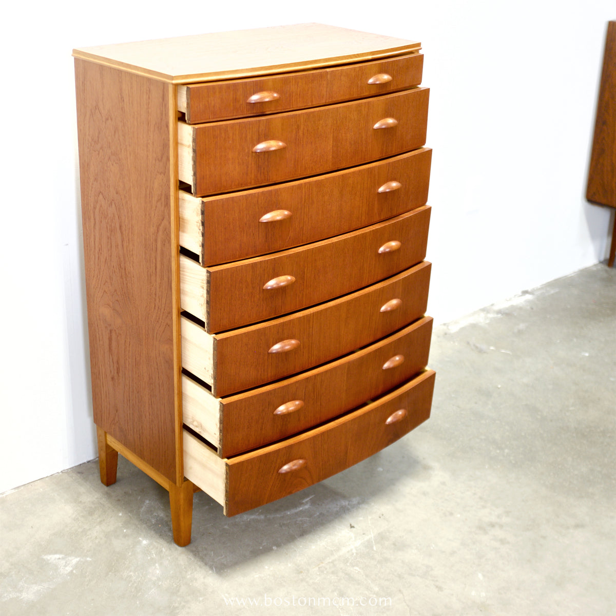 Danish Teak 8 Drawer Tall Dresser w/ Curved Front - #A1933