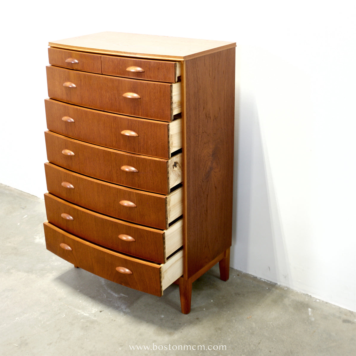Danish Teak 8 Drawer Tall Dresser w/ Curved Front - #A1933