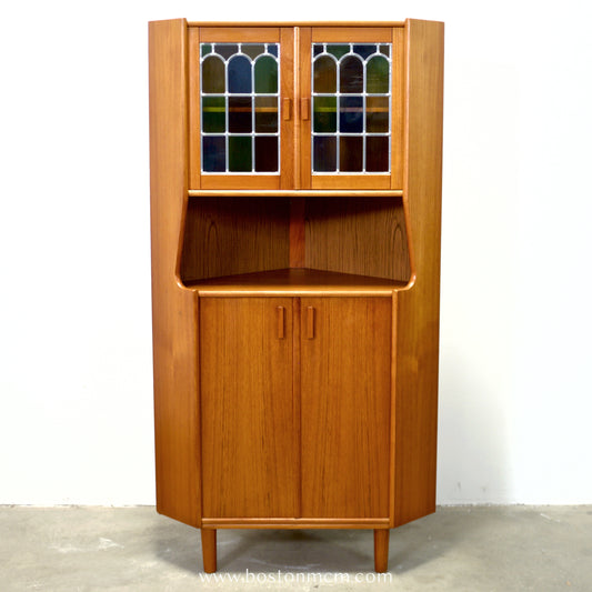 Danish Teak Corner Cabinet w/ Multicolored Stained Glass Doors - #A1868