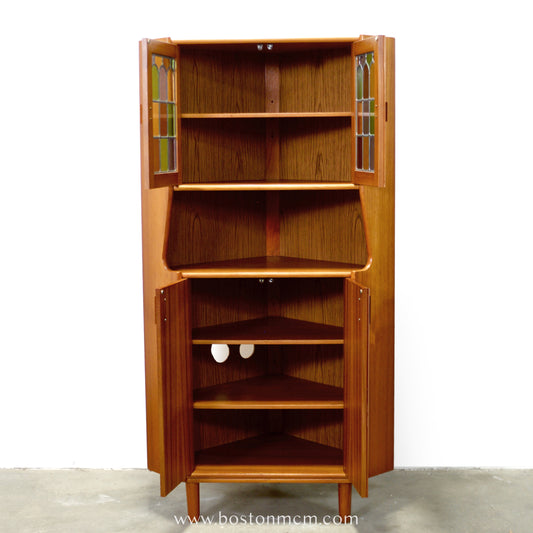 Danish Teak Corner Cabinet w/ Multicolored Stained Glass Doors - #A1868