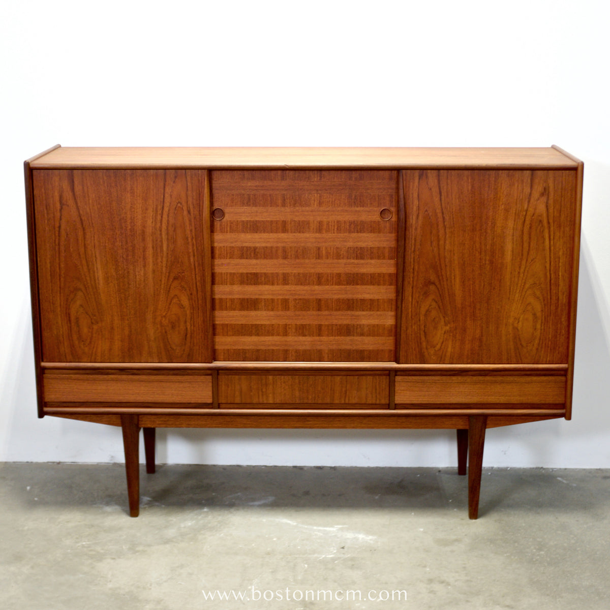 Danish Teak Tall Sideboard  / Highboard with Inlaid Veneer Design - #A1639