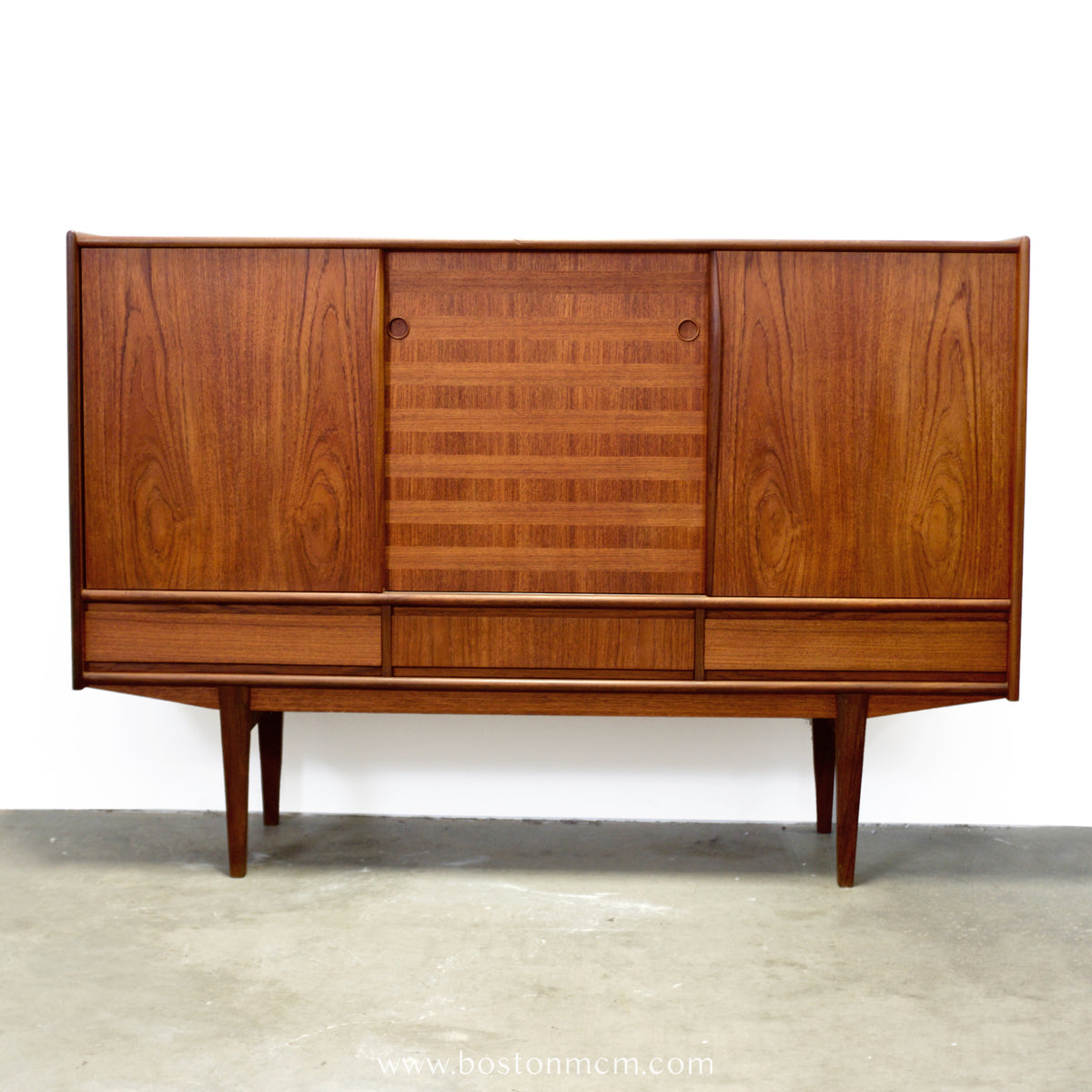 Danish Teak Tall Sideboard  / Highboard with Inlaid Veneer Design - #A1639