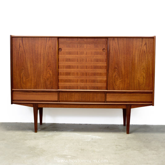 Danish Teak Tall Sideboard  / Highboard with Inlaid Veneer Design - #A1639