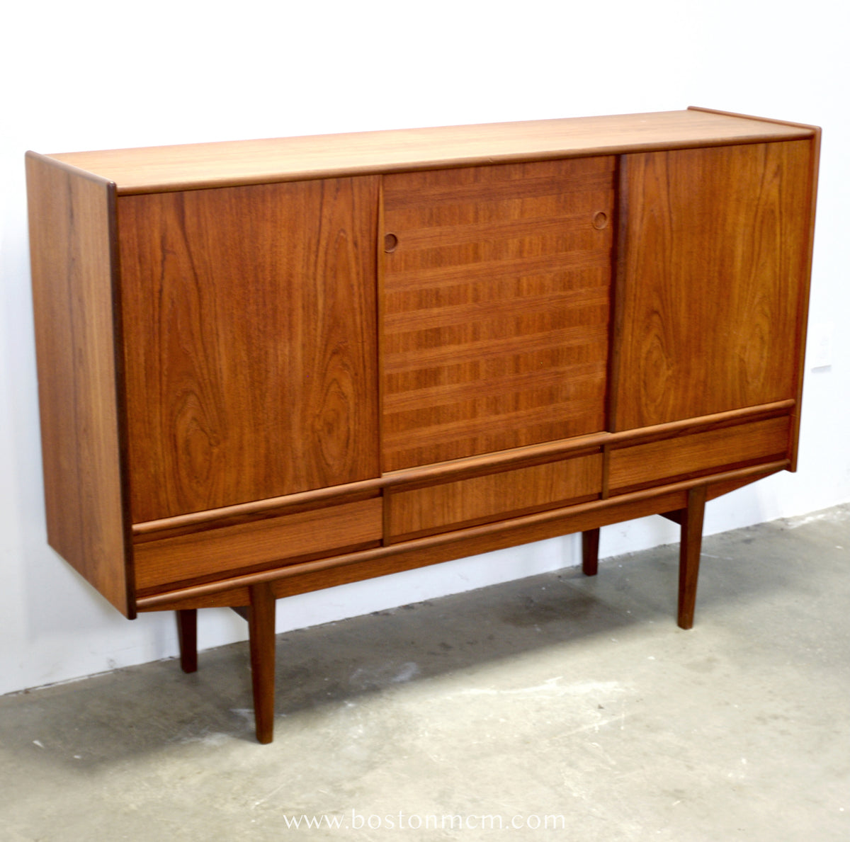 Danish Teak Tall Sideboard  / Highboard with Inlaid Veneer Design - #A1639
