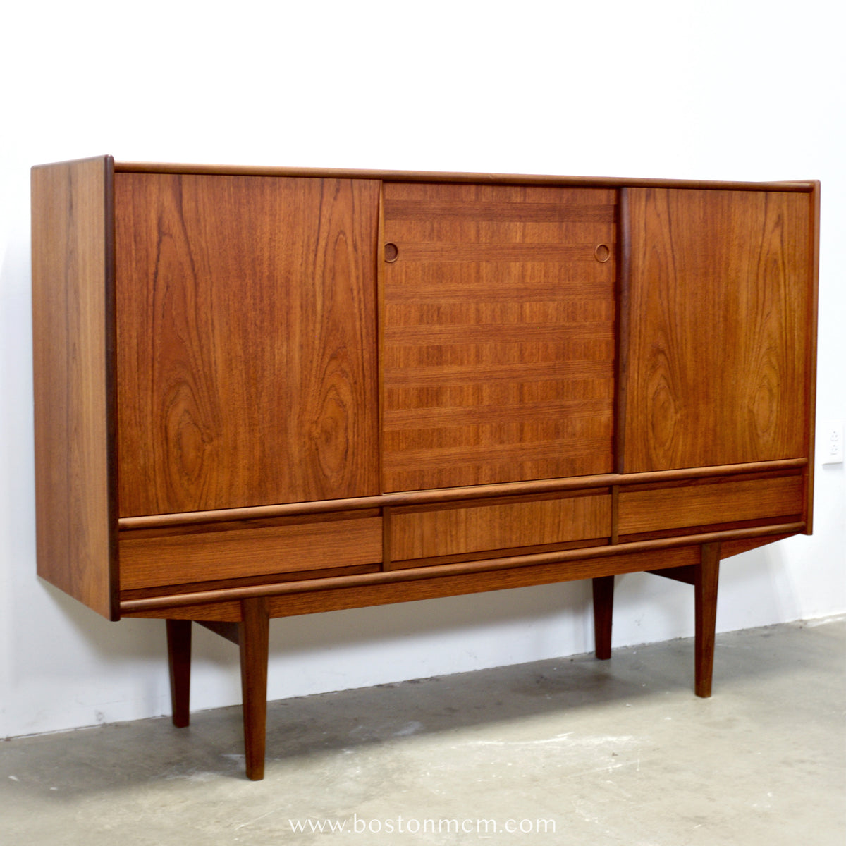 Danish Teak Tall Sideboard  / Highboard with Inlaid Veneer Design - #A1639