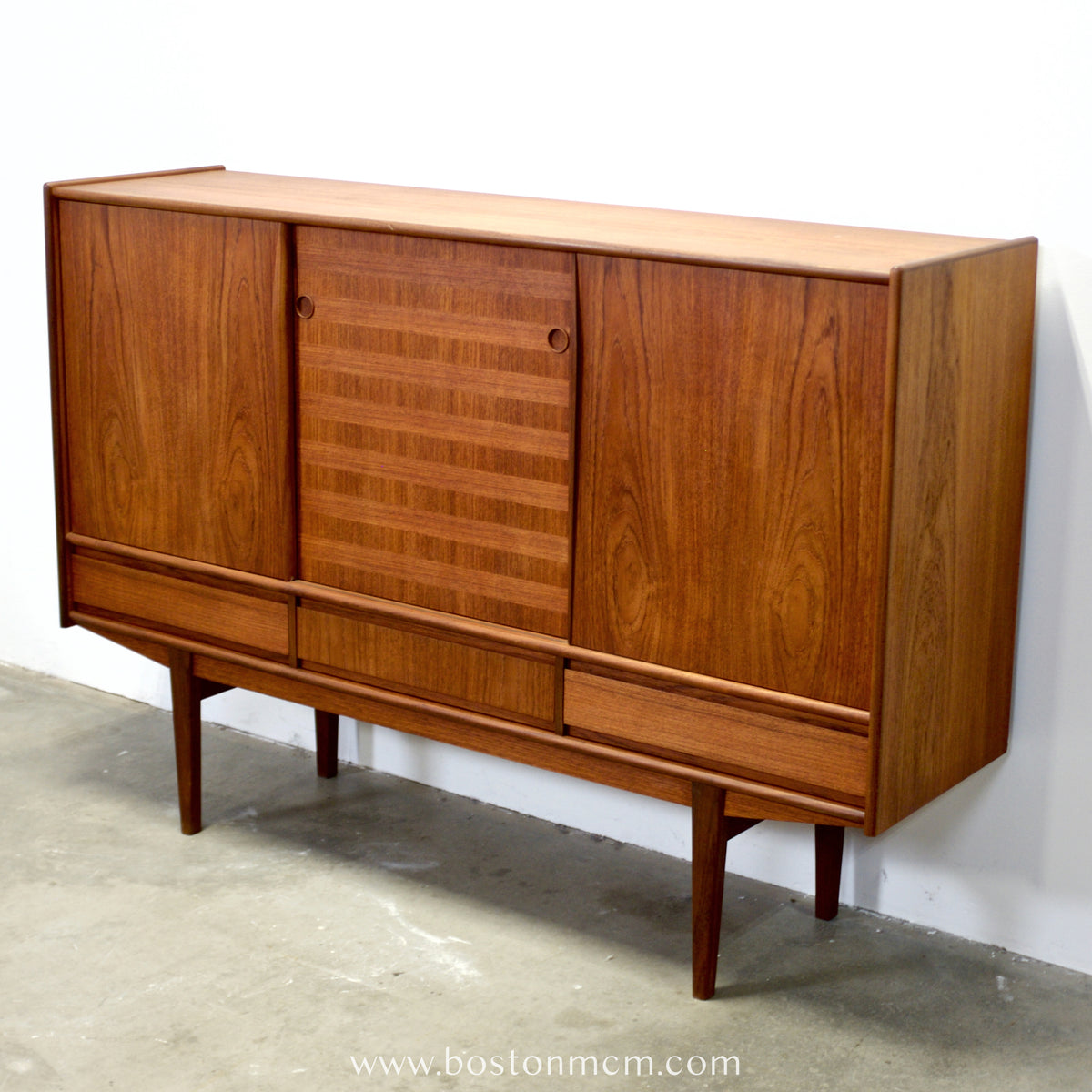 Danish Teak Tall Sideboard  / Highboard with Inlaid Veneer Design - #A1639