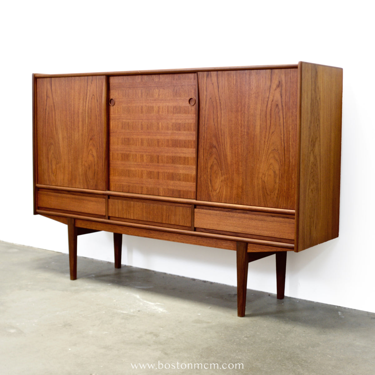 Danish Teak Tall Sideboard  / Highboard with Inlaid Veneer Design - #A1639
